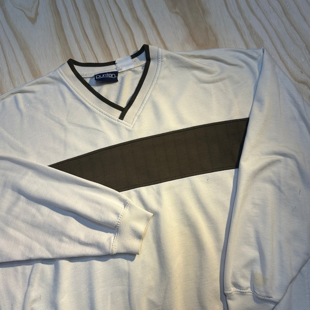 Puritan Vintage 90s V-Neck Sweatshirt Cream Brown Stripe Mens XL Pullover